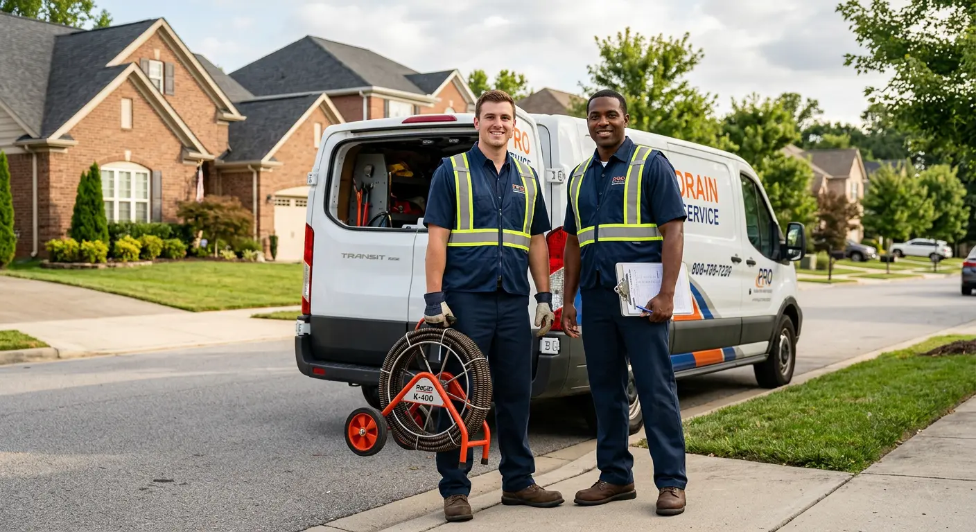 Sewer and drain service team with equipment ready for work in Americus