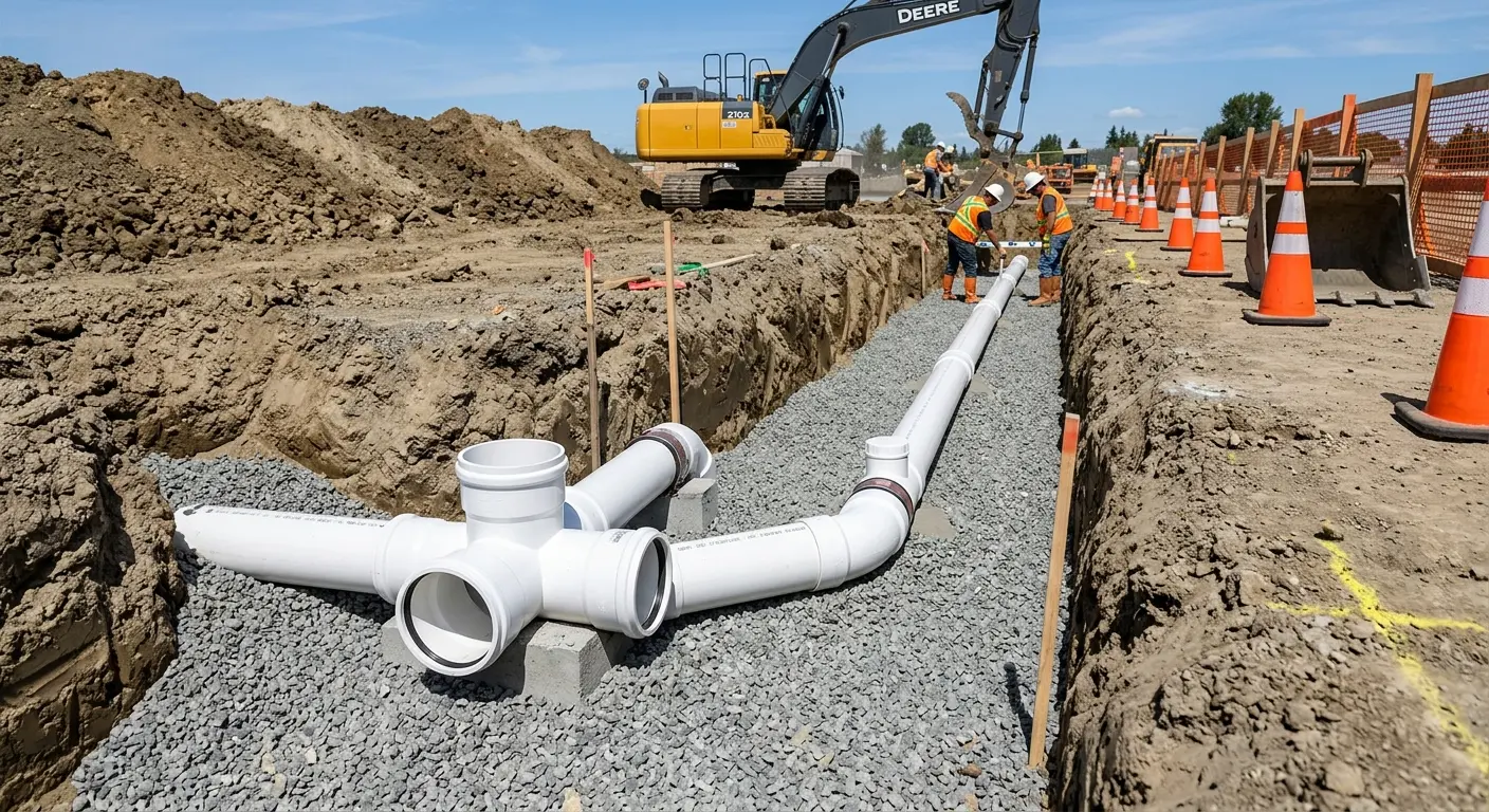 New PVC sewer pipe installation in open trench for Sewer Backup in Americus