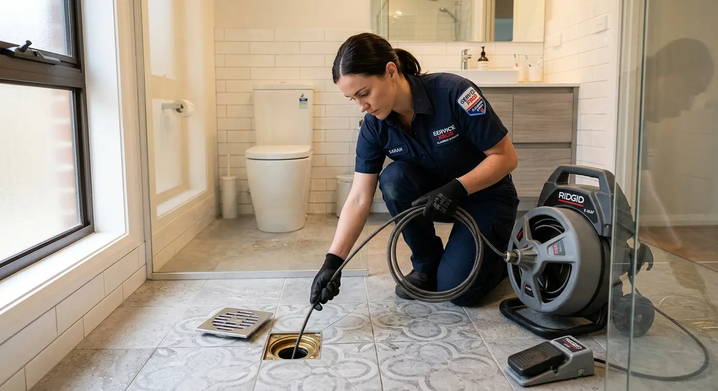 Technician clearing a bathroom floor drain for Drain Repair in Americus